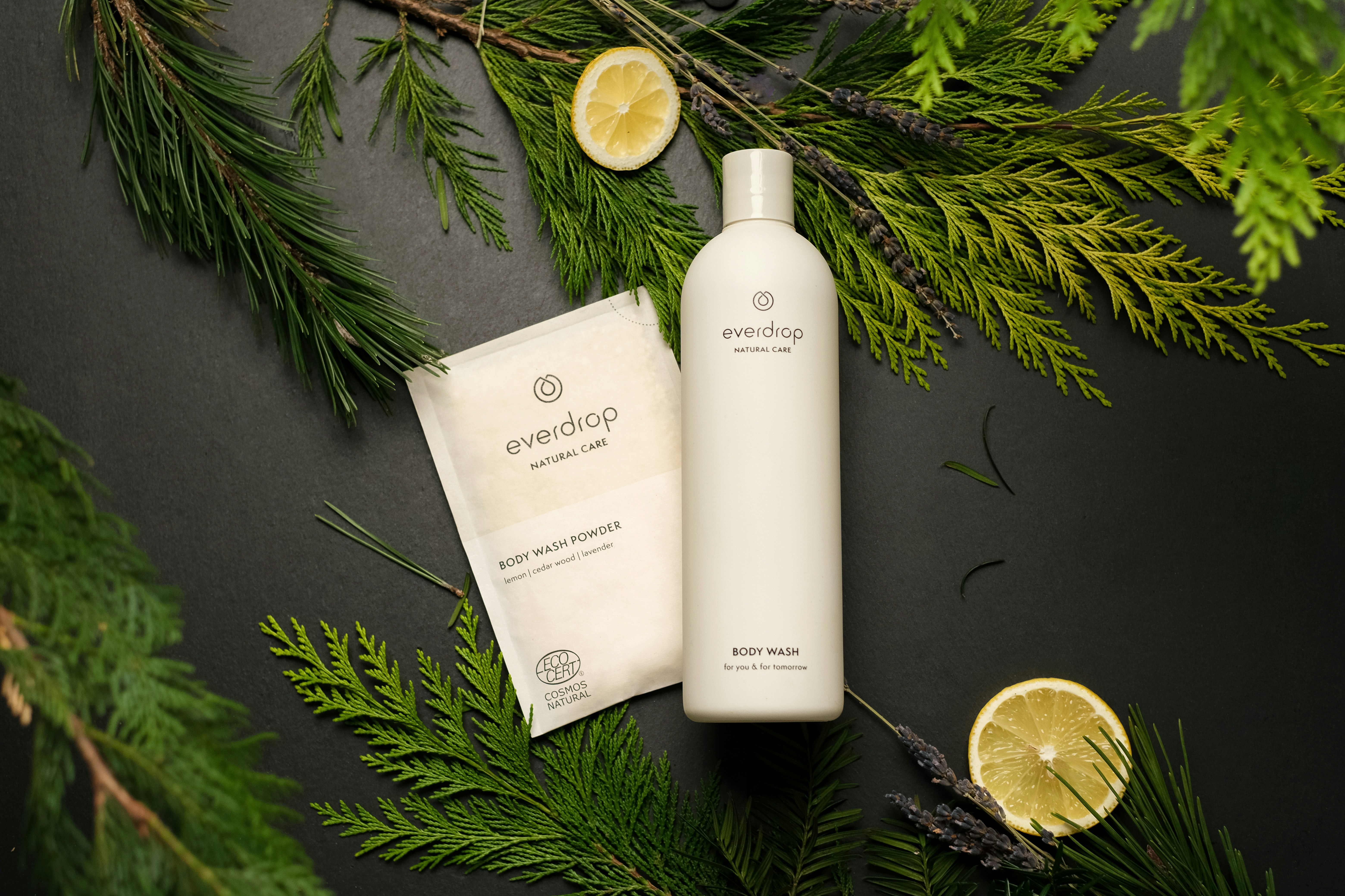 a bottle of body lotion next to a package of soap