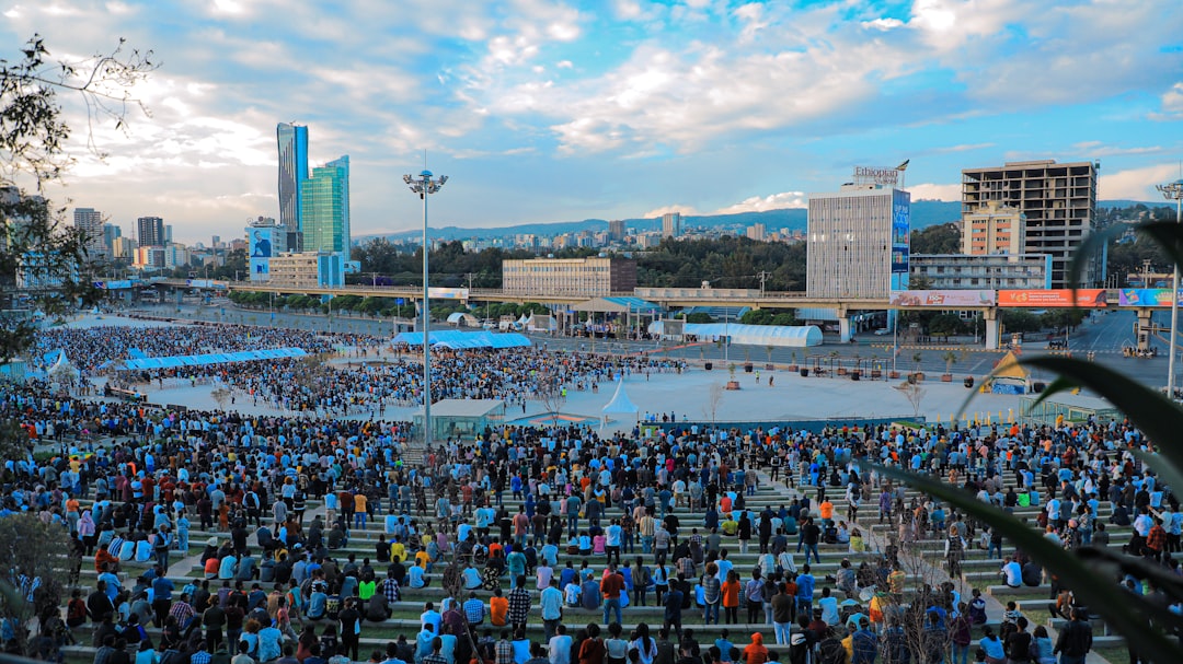 a group of people in a large city,