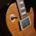 A close-up of an electric guitar's body featuring a wooden finish with a sunburst pattern, highlighting the grain. The image shows a pickup and a switch labeled 'Rhythm' and 'Treble'. Metal strings are visible, running along the neck towards the fretboard.