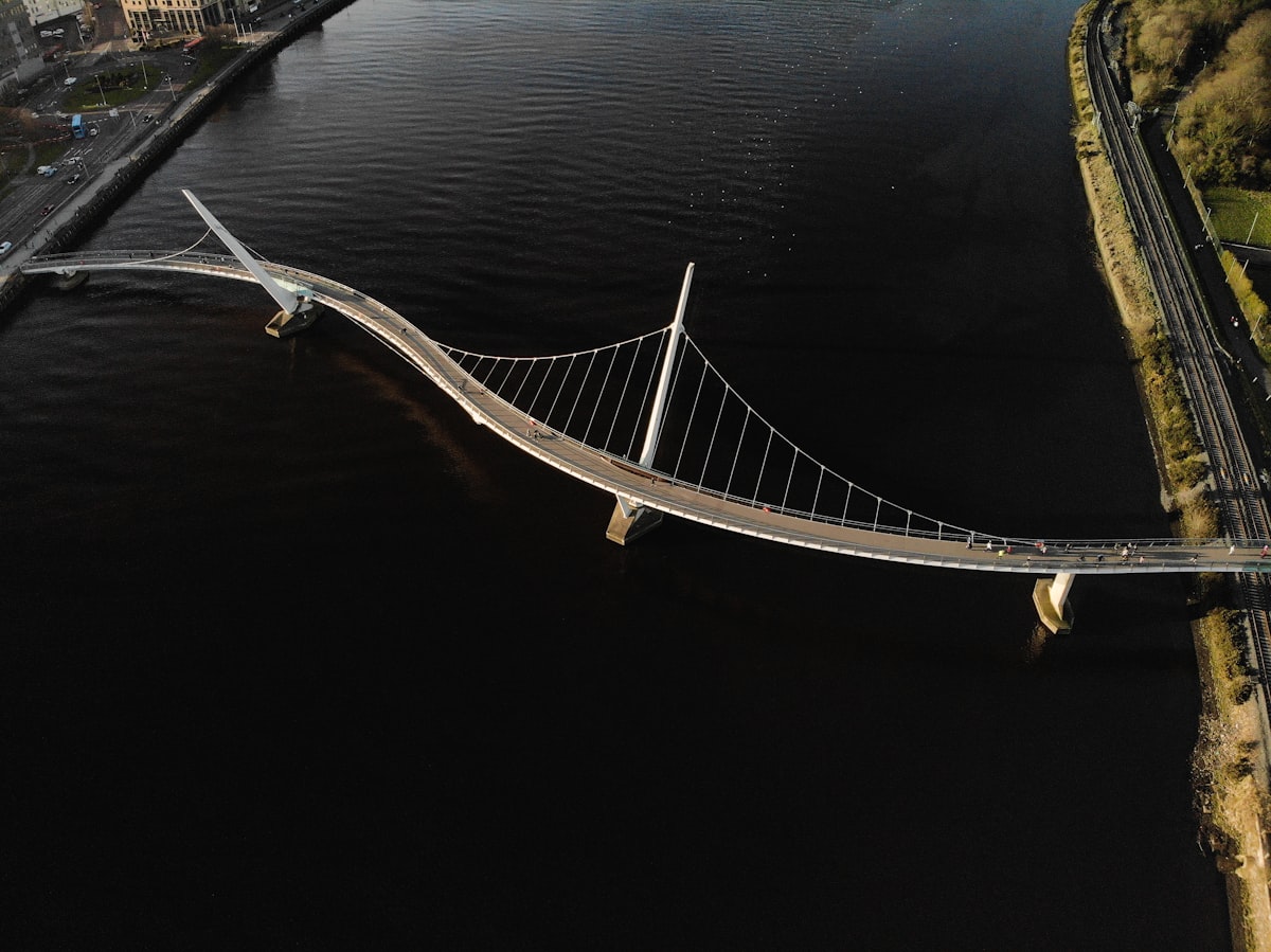 Aerial view of the Peace Bridge over the River Foyle in Derry, Derry City and Strabane, Northern Ireland