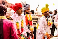 A group of men dressed in colorful traditional attire are engaged in a lively musical performance. They wear turbans in shades of red, yellow, and grey, adorned with vibrant garlands. One man is energetically singing into a microphone while playing a harmonium, surrounded by others who appear to be singing or playing music.