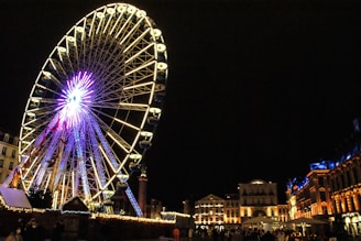 a large ferris wheel lit up at night
