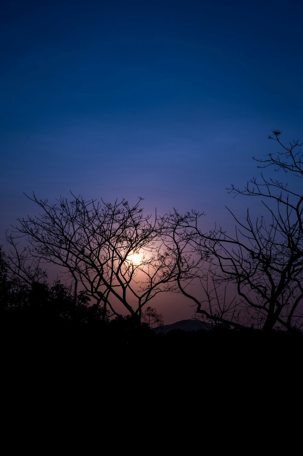 the sun is setting behind some trees