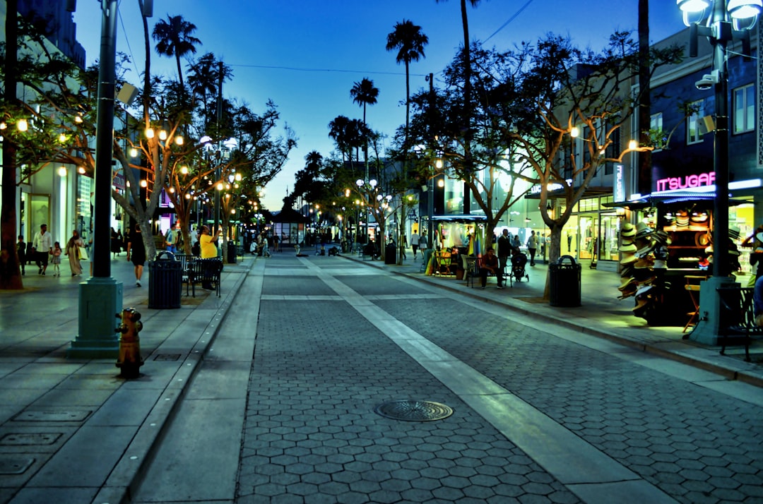 a city street at night with palm trees