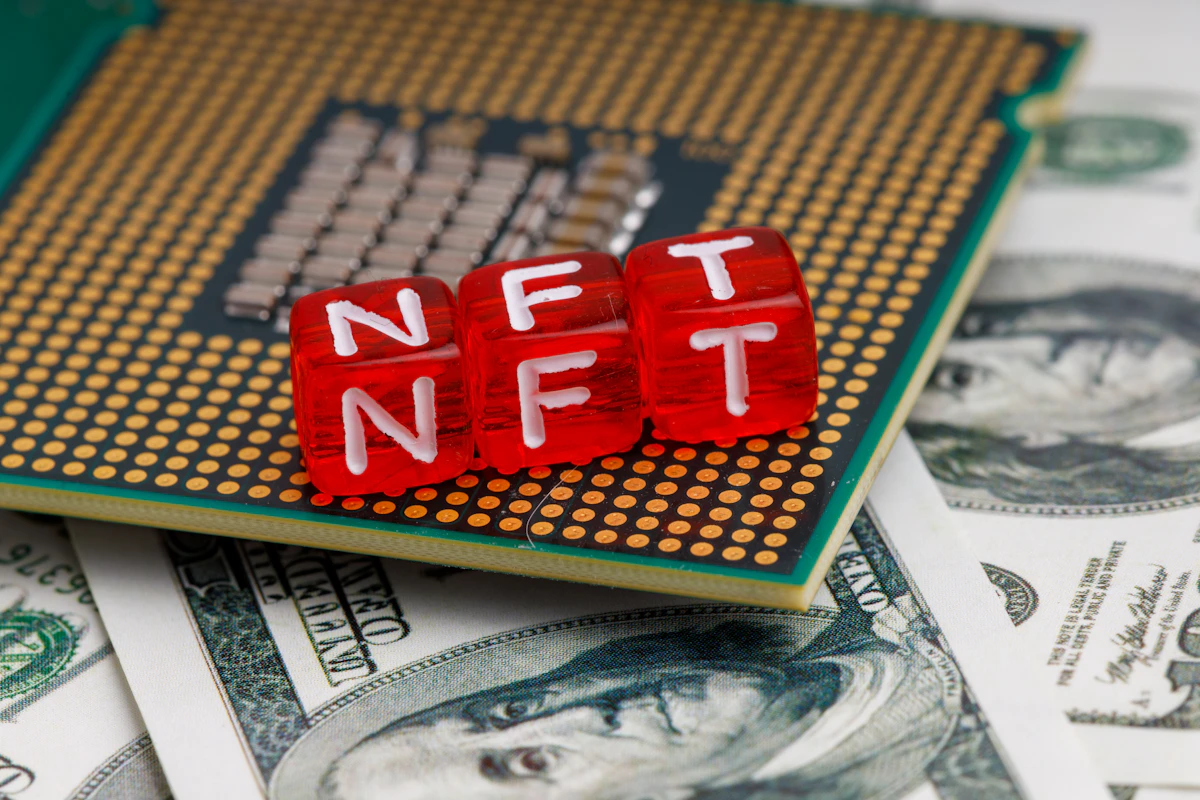 An NFT inscription cube against a background of money