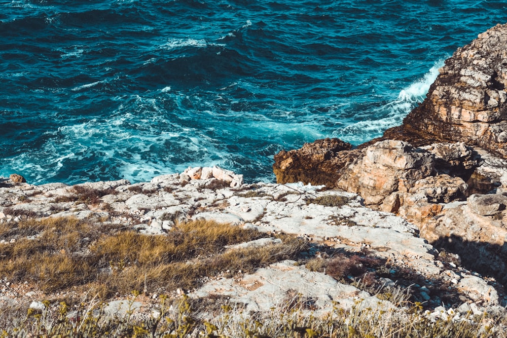 a rocky cliff with a body of water in the background