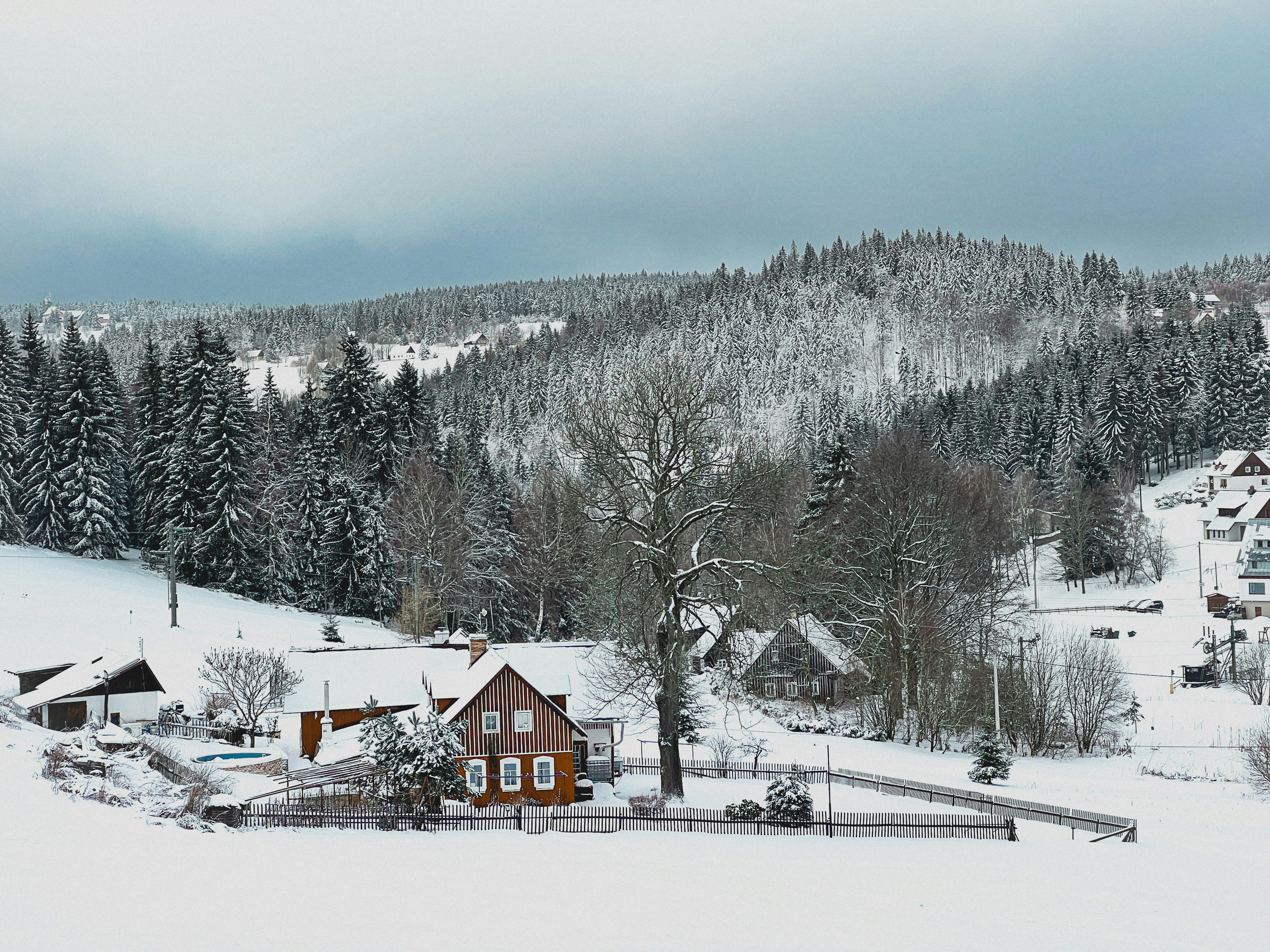 a snow covered hillside with a small house in the foreground