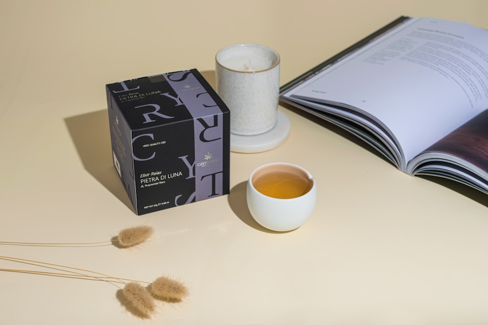 a cup of tea and a book on a table