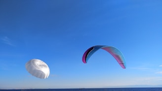 A vibrant scene of tourists enjoying parasailing over Bali’s blue ocean.