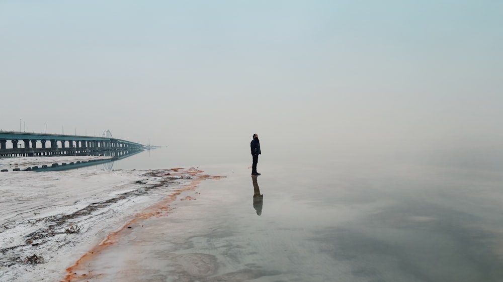 a person standing in the middle of a body of water