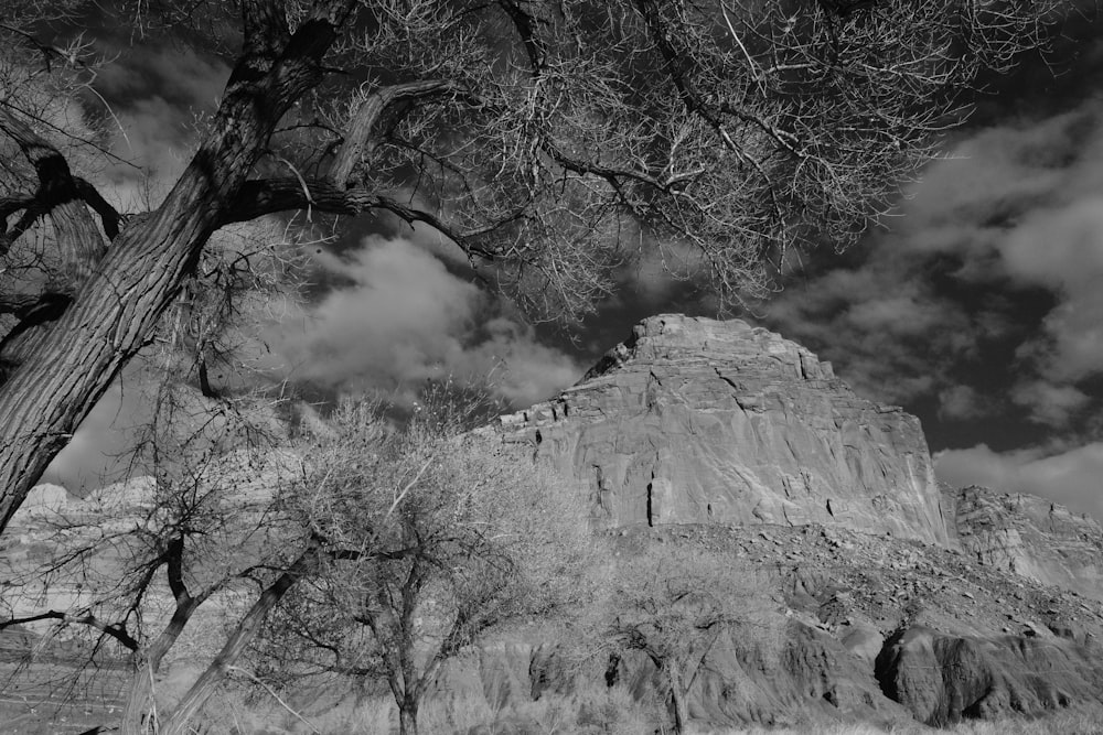 Une photo en noir et blanc d’une montagne