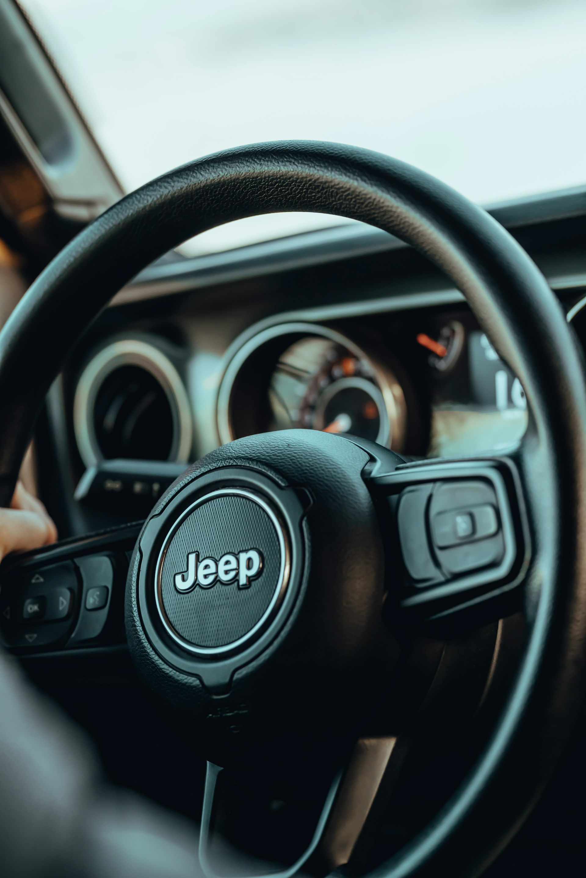 a steering wheel of a car with a jeep logo on it