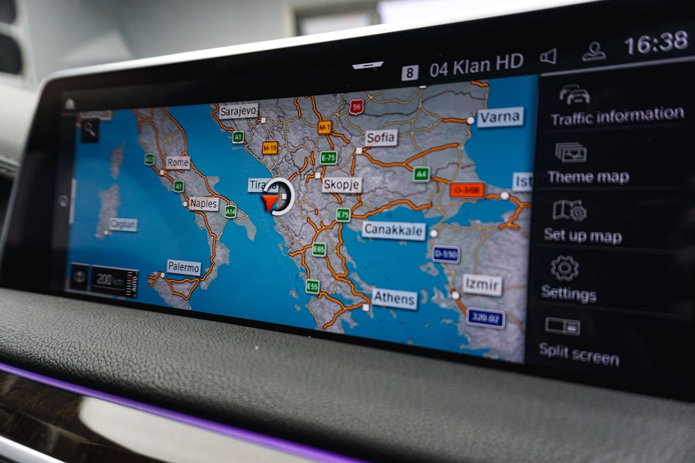 a car dashboard with a map on it