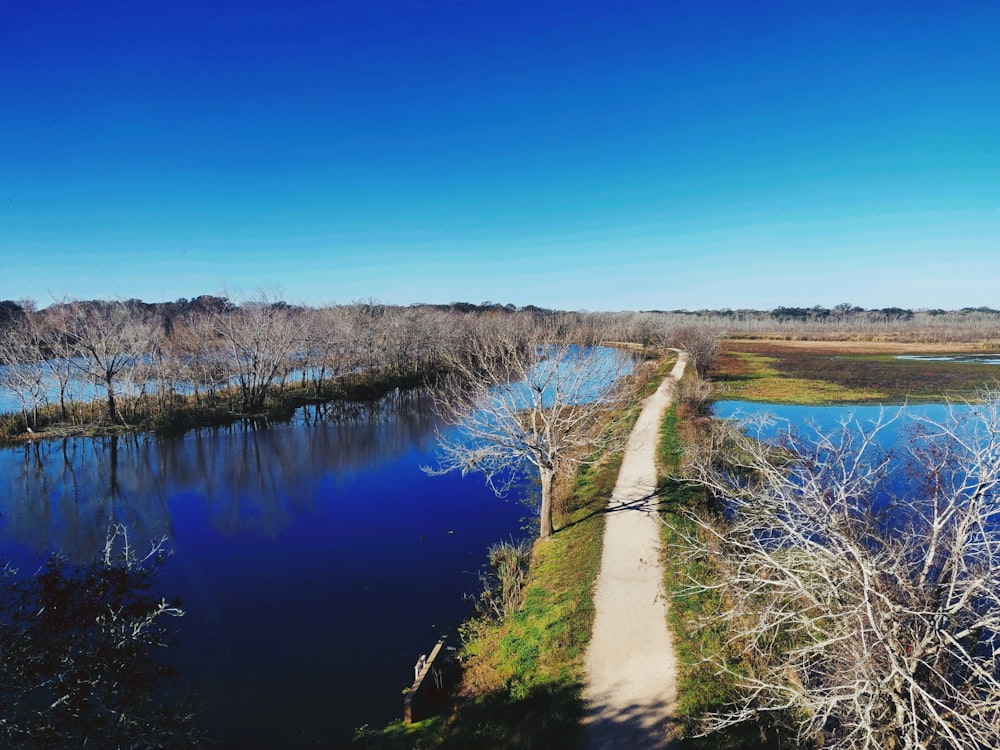 a dirt path next to a body of water