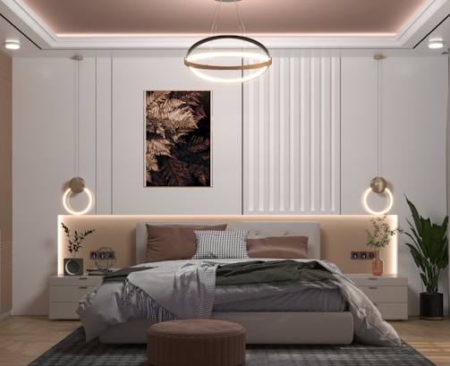 A modern bedroom showcasing a stylish bed frame paired with ambient lighting.
