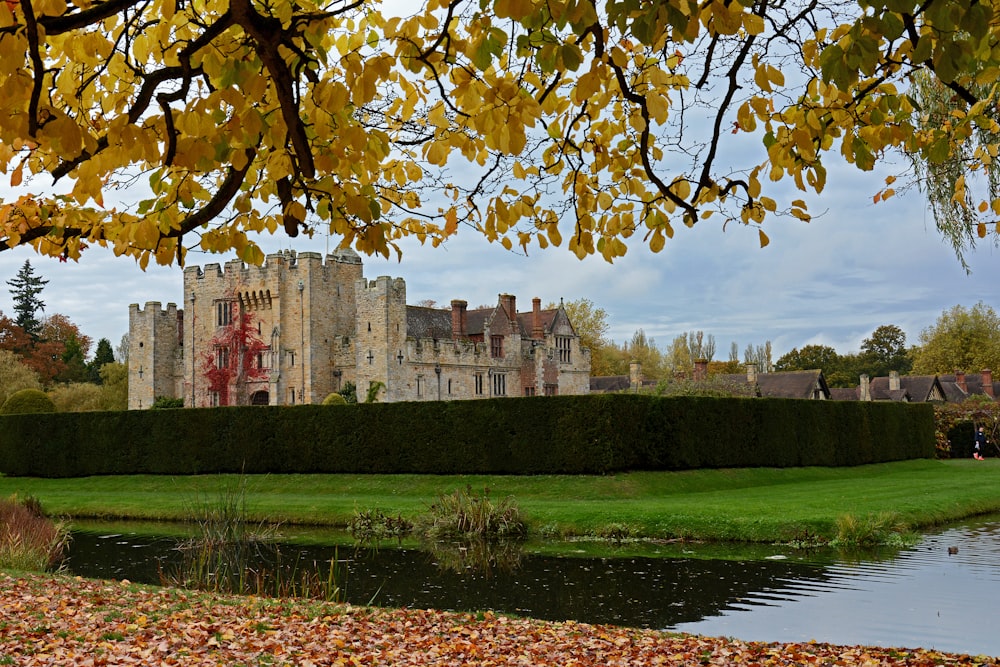 a castle with a pond in front of it