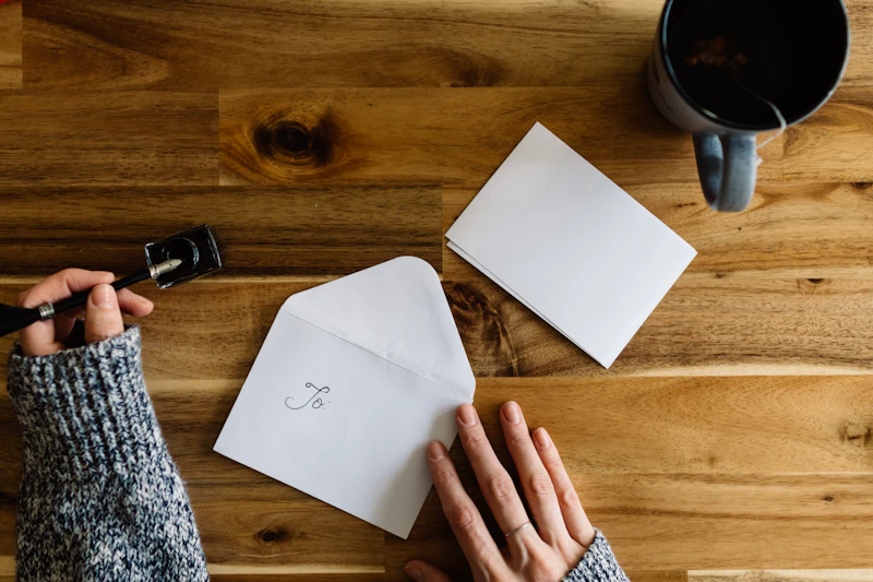 Hands writing on paper beside a cup of coffee