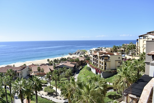 A resort-like coastal area features modern buildings with terracotta roofs nestled among lush green palm trees and landscaping. The scene overlooks a sandy beach meeting the calm, vast ocean under a clear blue sky.