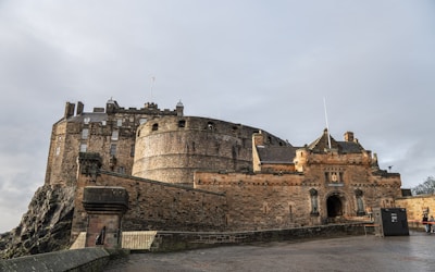 An ancient castle perched atop jagged cliffs under a stormy sky.
