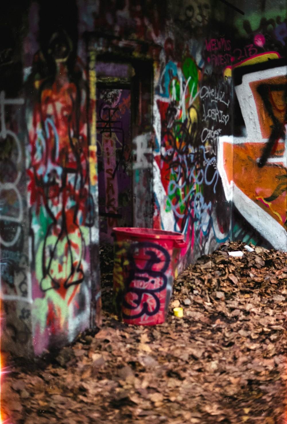 a wall covered in graffiti next to a fire hydrant