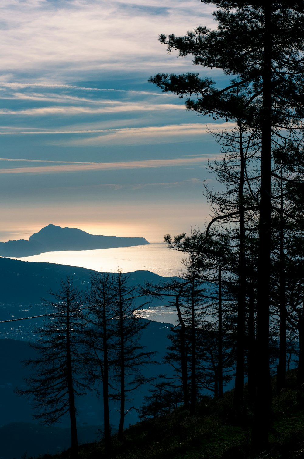 a view of a lake and mountains from a hill