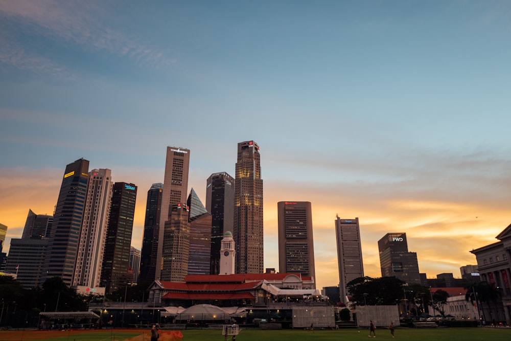 a group of tall buildings in a city