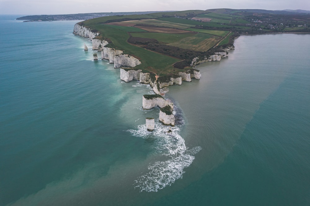 an aerial view of the cliffs and the ocean