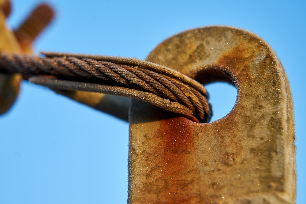 a close up of a rusted metal gate with a blue sky in the background