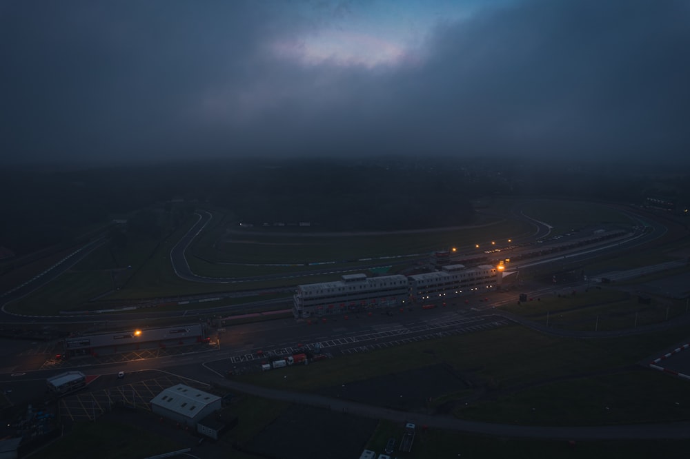 an aerial view of an airport at night