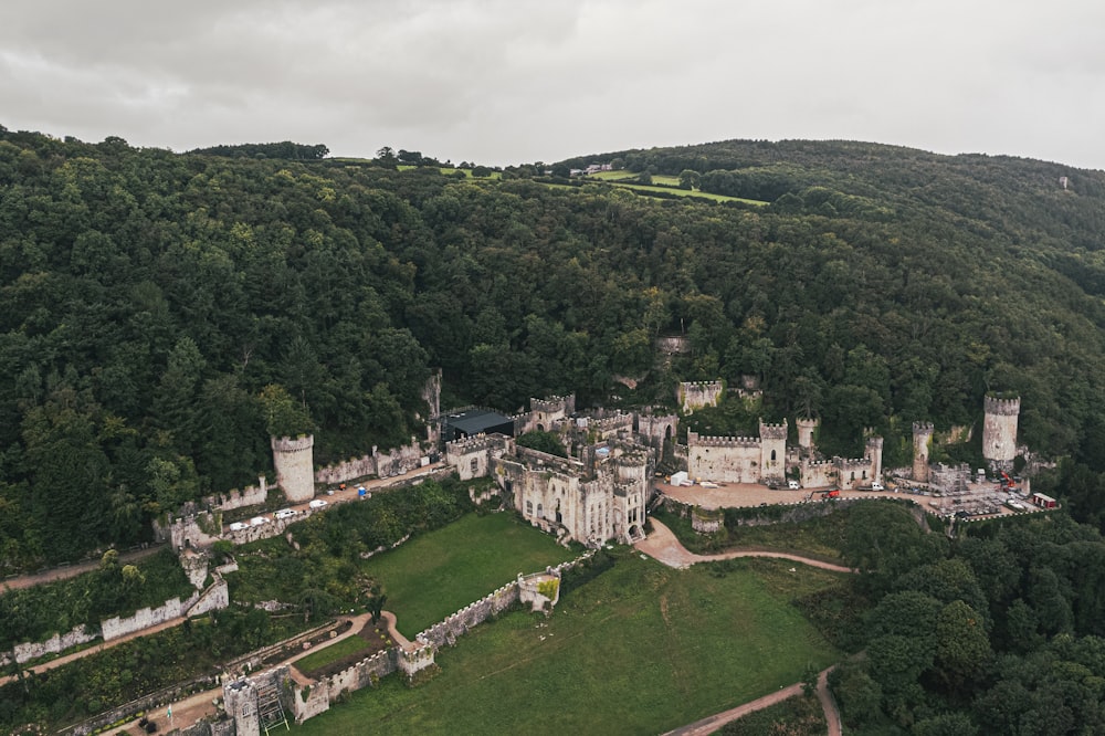 an aerial view of a castle surrounded by trees