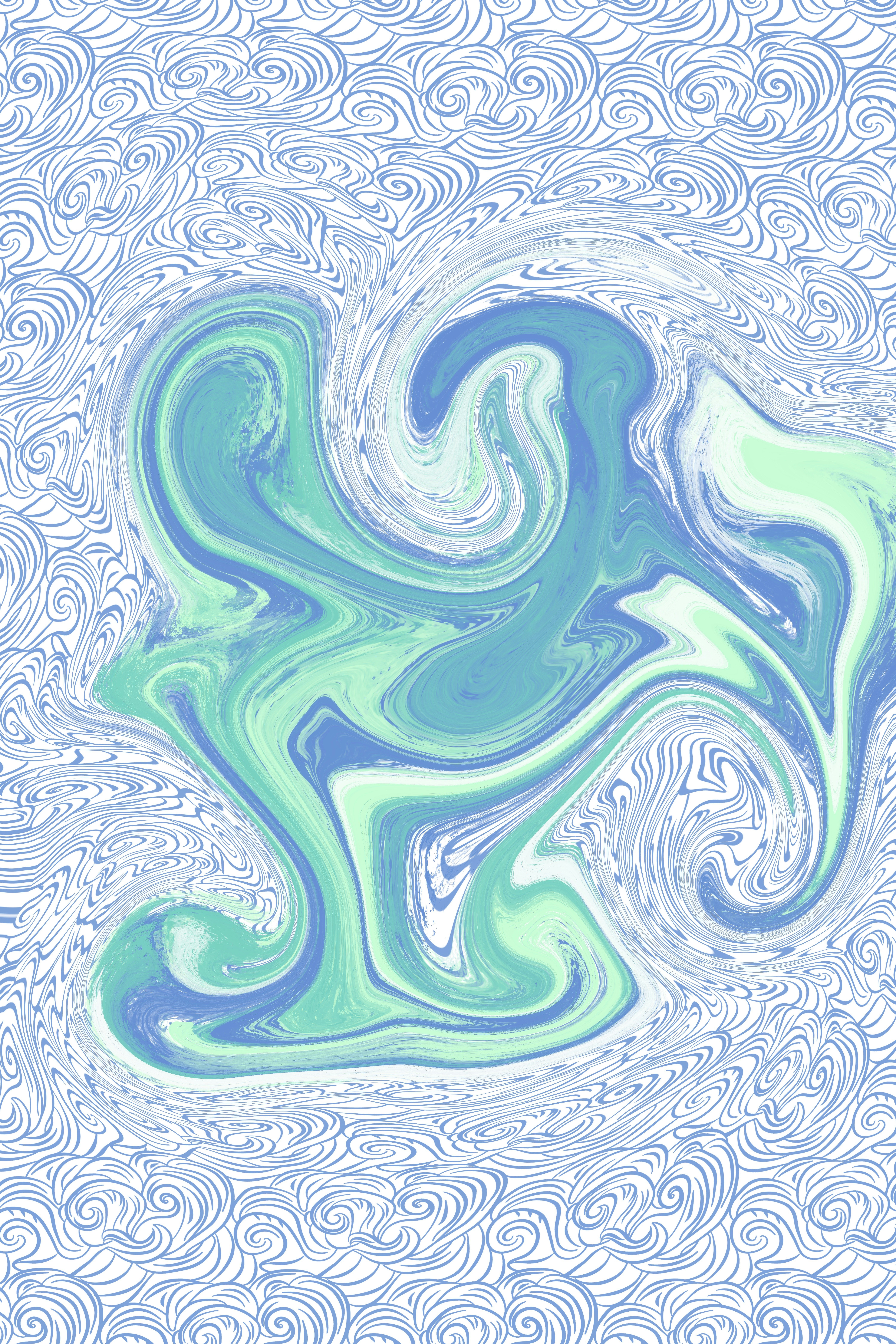 a blue and green painting with swirls on it