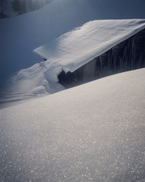 Close-up of a weatherproof prefabricated cottage’s snow-load roof glistening under bright sunlight.