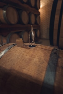 a bottle of wine sitting on top of a wooden barrel
