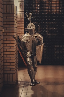 A full suit of medieval armor stands in a dimly lit interior, propped against a brick wall. The armor includes a helmet with a decorative plume, a shield, and a sword. The setting appears to be an indoor space resembling a wine cellar or storage, with an array of bottles visible in the background.