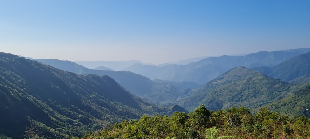 a view of a valley with mountains in the background