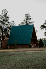 a house with a green roof in the middle of a field