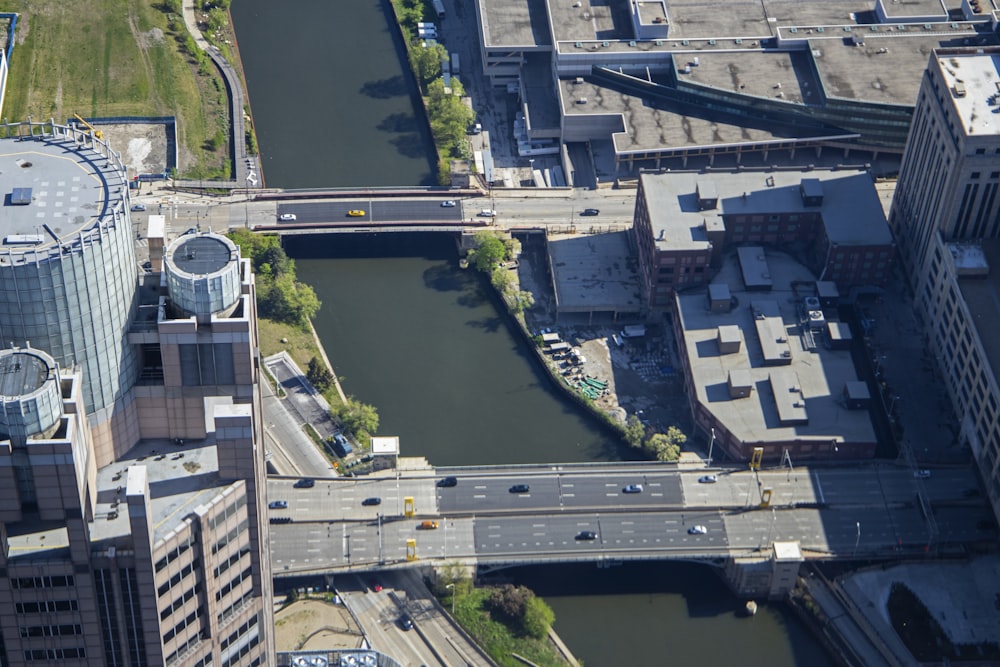 an aerial view of a city with a river running through it