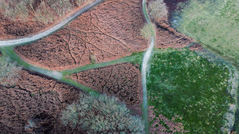 an aerial view of a winding road in a wooded area