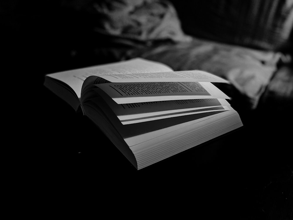 a black and white photo of an open book