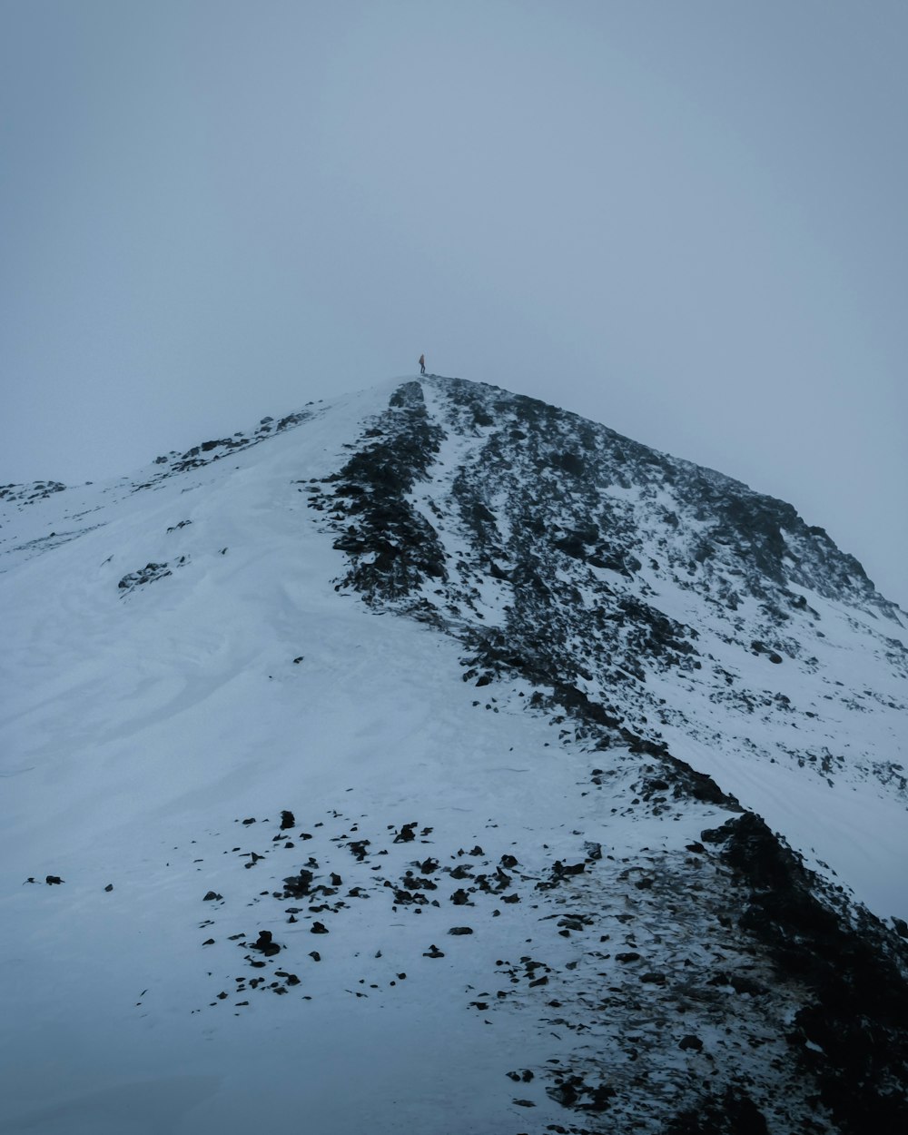 una montaña cubierta de nieve con una persona parada encima de ella