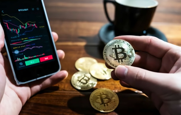 a person holding a bitcoin next to a cup of coffee