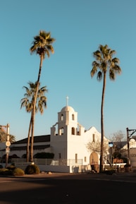 A small white mission-style church with a bell tower sits between two tall palm trees under a clear blue sky. The building's clean lines and simple architecture are highlighted by the warm sunlight. Nearby, trimmed bushes and a tree with sparse branches can be seen, suggesting an early spring or late winter setting.