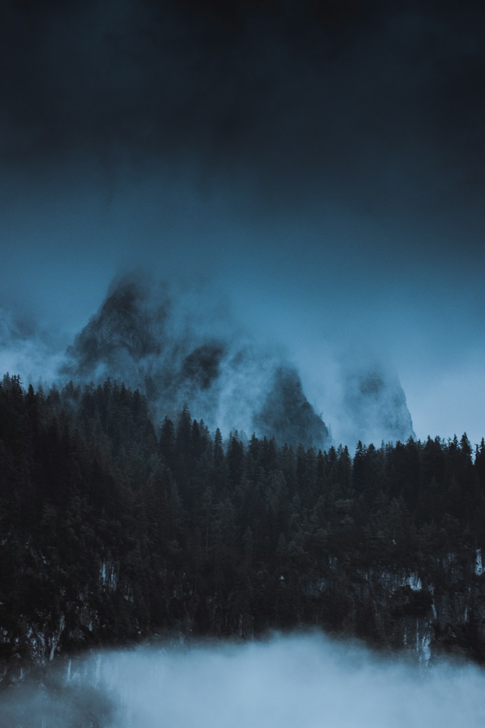 a mountain covered in fog with a forest in the background