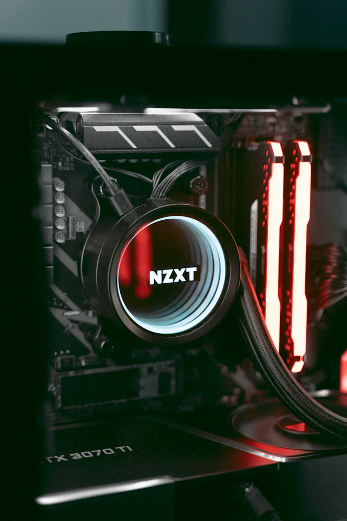 Red RGB gaming PC interior with graphics card
