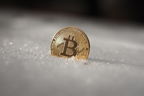A gold-colored Bitcoin coin is partially embedded in snow, glistening under light, providing a stark contrast between the metallic sheen and the soft texture of the snow.