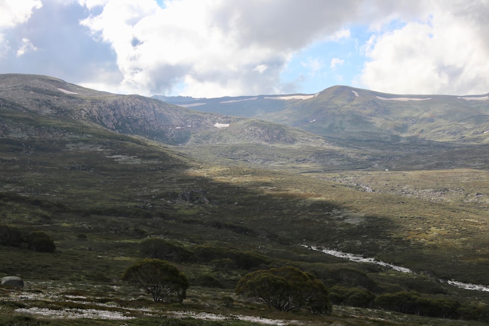 a mountain range with a stream running through it