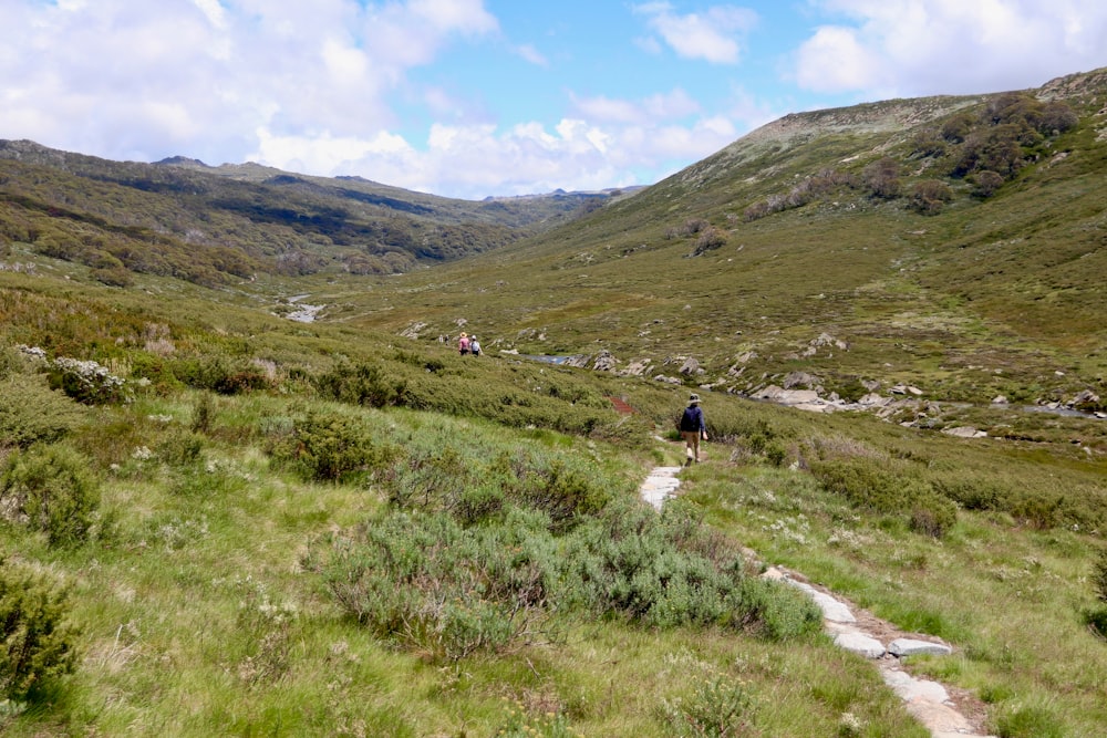 a person walking up a trail in the mountains