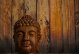 a statue of a buddha in front of a wooden wall