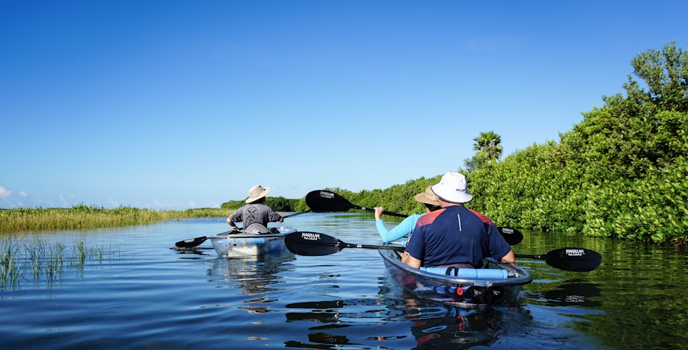 two people in a canoe paddling down a river