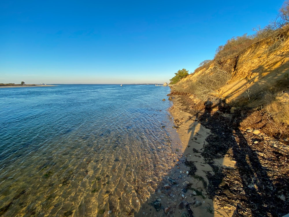 a body of water sitting next to a sandy beach